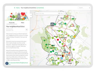 Screengrab of Commonplace's neighbourhood mapping tool showing a map labelled with circles and numbers, with notes alongside titled 'your neighbourhood ideas'